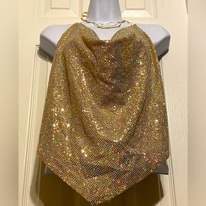 Bedazzled blouse,gold color,party blouse,metallic,spandex material. Never worn!